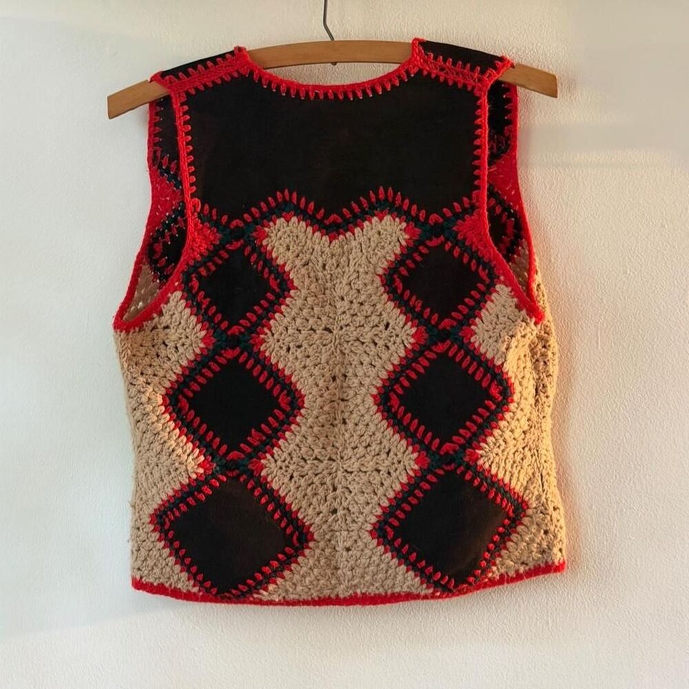 Vintage 1970s leather crochet folk vest - Picture 3 of 8